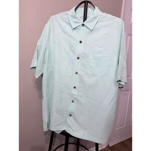 Caribbean Mens XL Mint Green Tropical Leaf Jacquard Short Sleeve Button Down